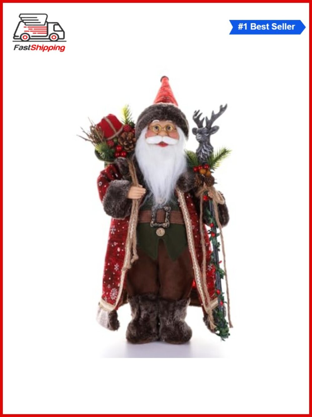 🎅 18" Santa Claus Figurine Christmas Decor Standing Santa with Deer Head Cane